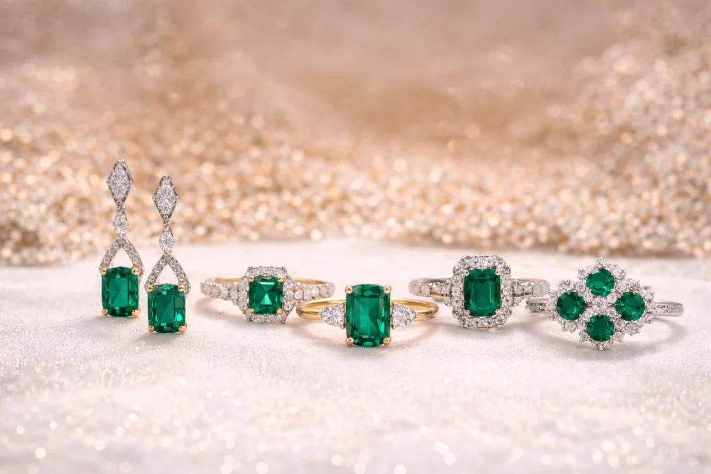 colombian emerald jewellery collection with rings and earrings