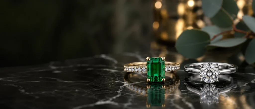 Luxury comparison of a natural Colombian emerald engagement ring in 18K yellow gold beside a round brilliant diamond solitaire ring in platinum on a polished black marble surface with a soft green and gold background.