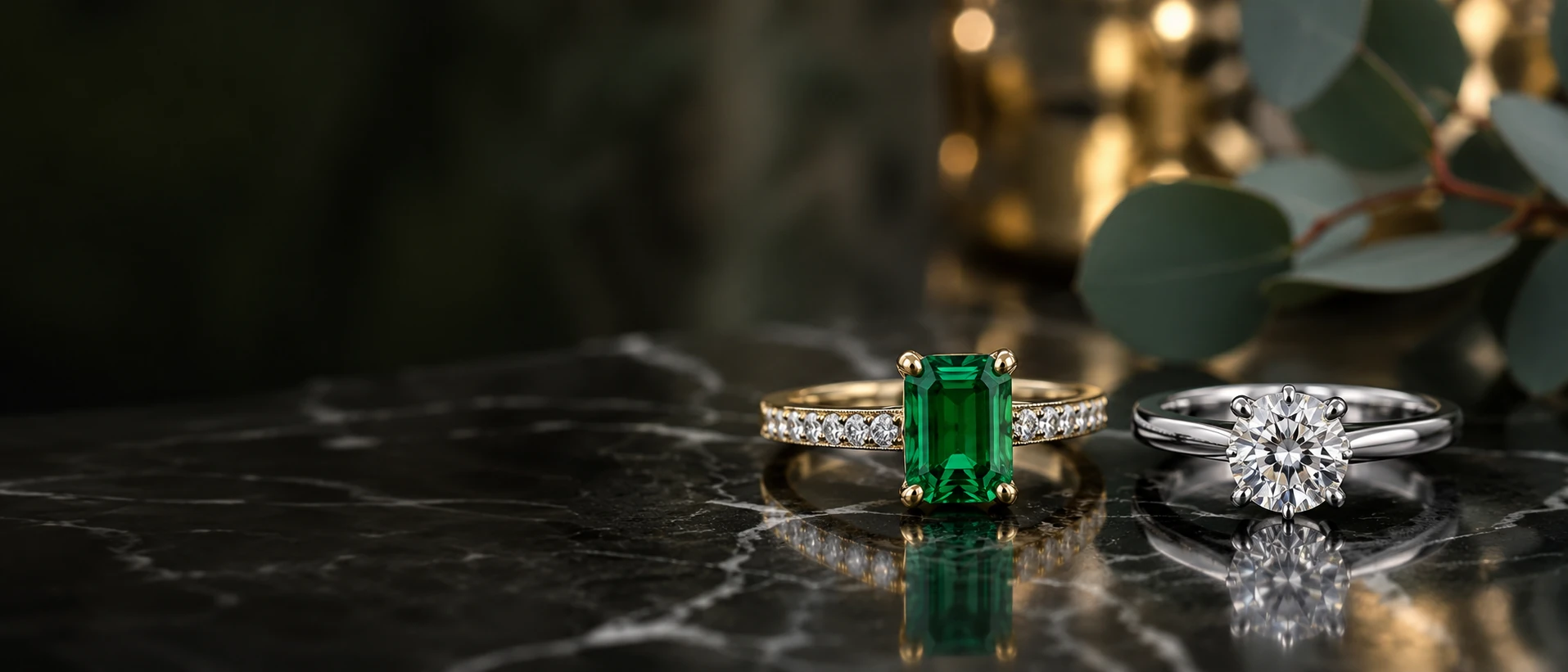 Luxury comparison of a natural Colombian emerald engagement ring in 18K yellow gold beside a round brilliant diamond solitaire ring in platinum on a polished black marble surface with a soft green and gold background.