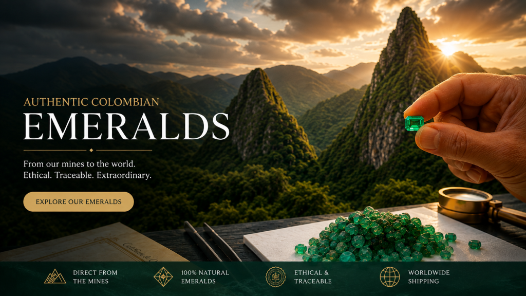 Authentic Colombian emeralds from Muzo, Chivor and Coscuez mines, with a natural emerald against Colombia's mountains