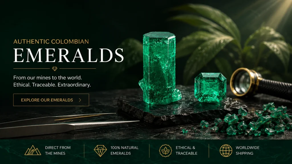 Authentic Colombian emeralds from Muzo, Chivor and Coscuez mines, with a natural emerald against Colombia's mountains