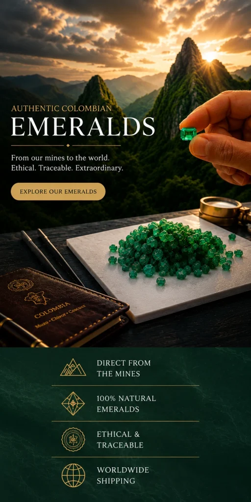 Authentic Colombian emeralds from Muzo, Chivor and Coscuez mines, with a natural emerald against Colombia's mountains