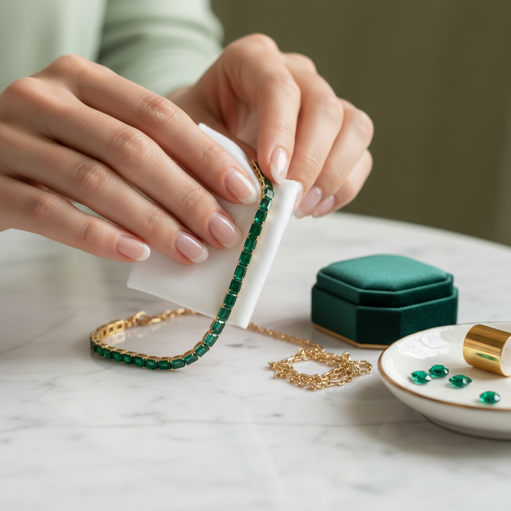 Hands gently cleaning a natural emerald bracelet with a soft polishing cloth