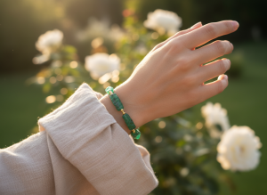 Close up of a natural emerald bracelet on a wrist in soft garden daylight