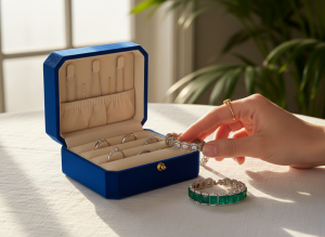Natural emerald bracelet resting beside an open velvet jewellery box